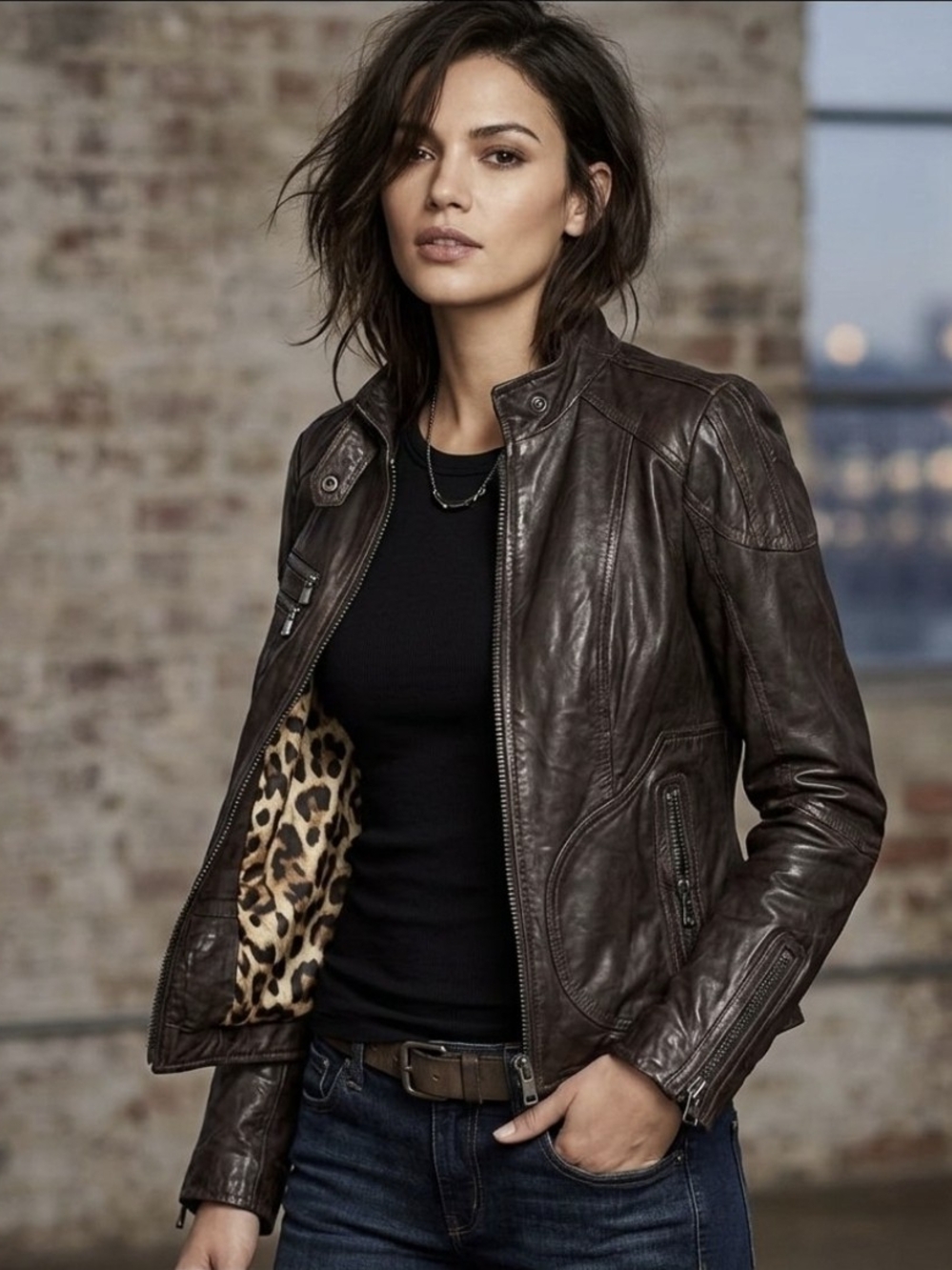 Dark Brown Leather Moto Jacket with Leopard Lining - Laundry By Shelli Segal